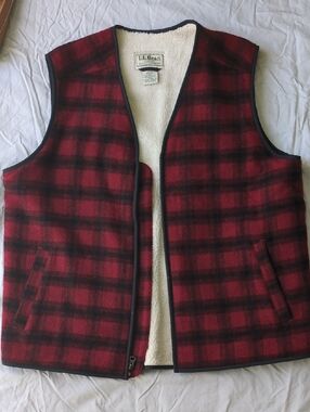 L.L. Bean Red and Black Plaid Sherpa-Lined Vest